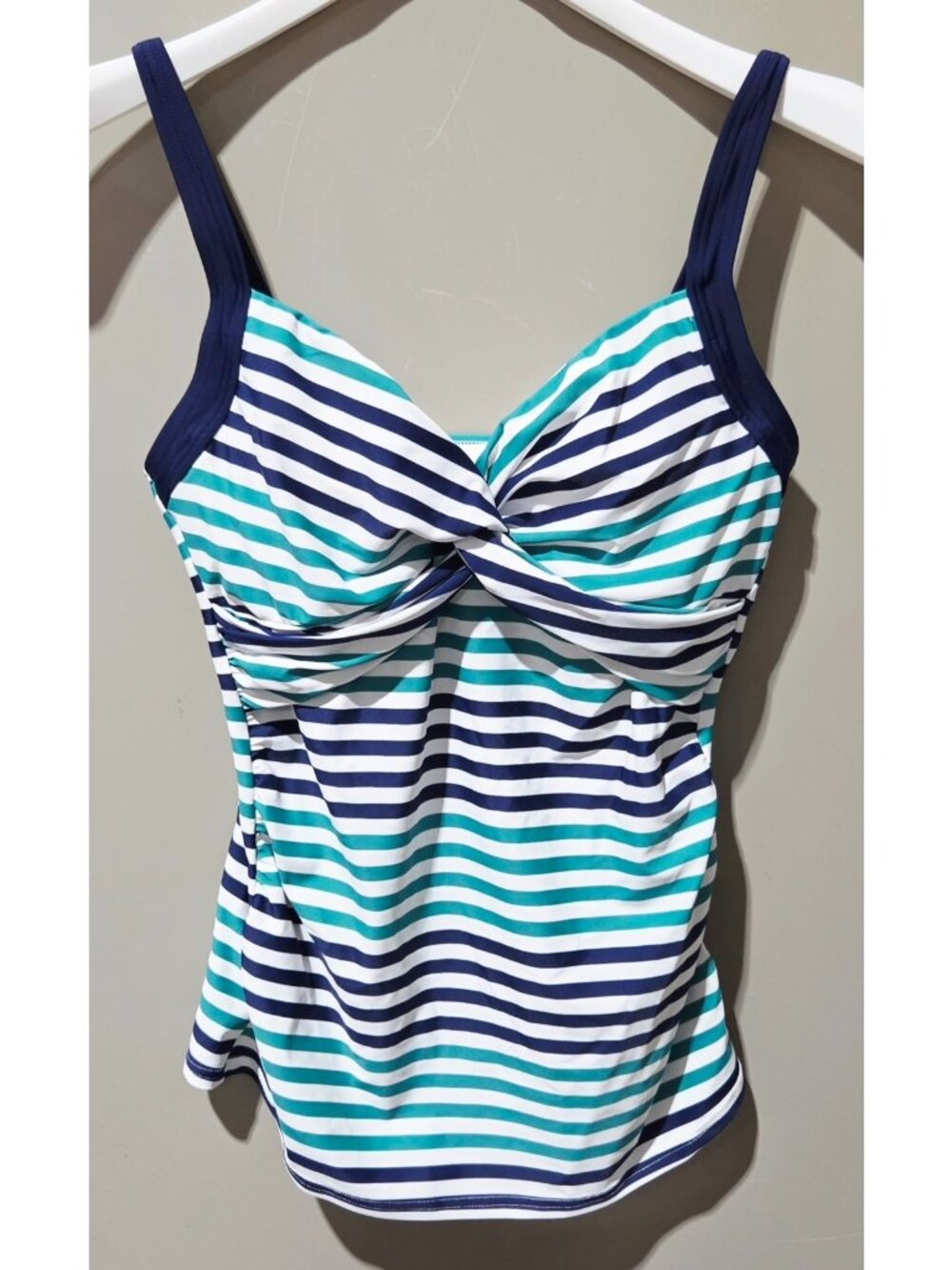Lands' End Navy & Teal Striped Twist Front Underwire Tankini Swim Top -- Size 8